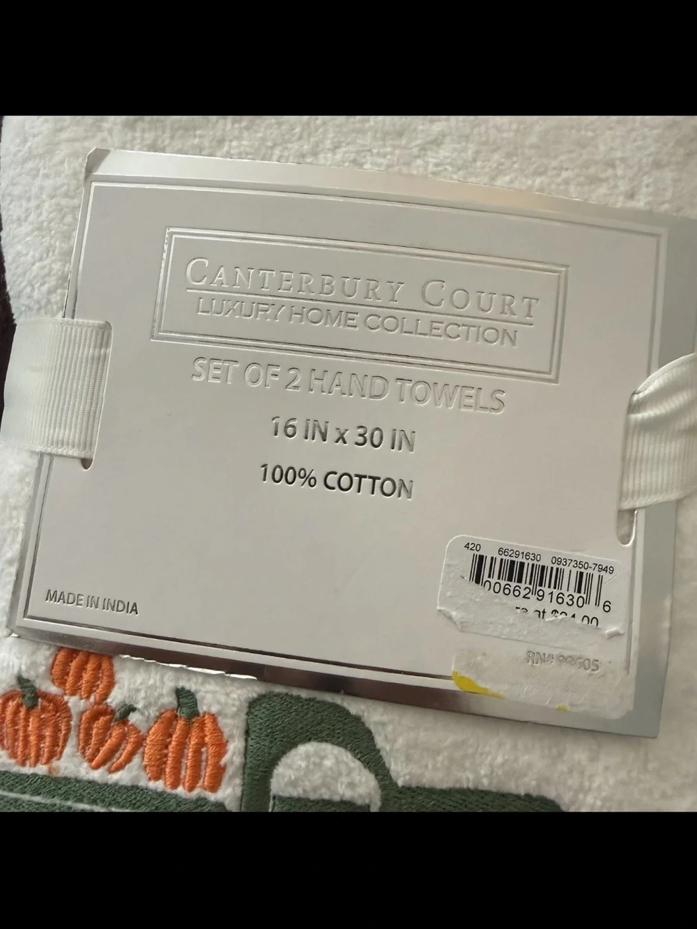 White 'Harvest' Embroidered 2 Hand Towels with Green Truck and Orange Pumpkins